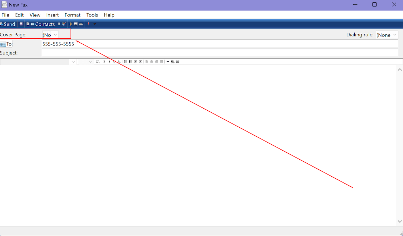 Windows Fax and Scan Interface with arrow pointing the the cover page selector.