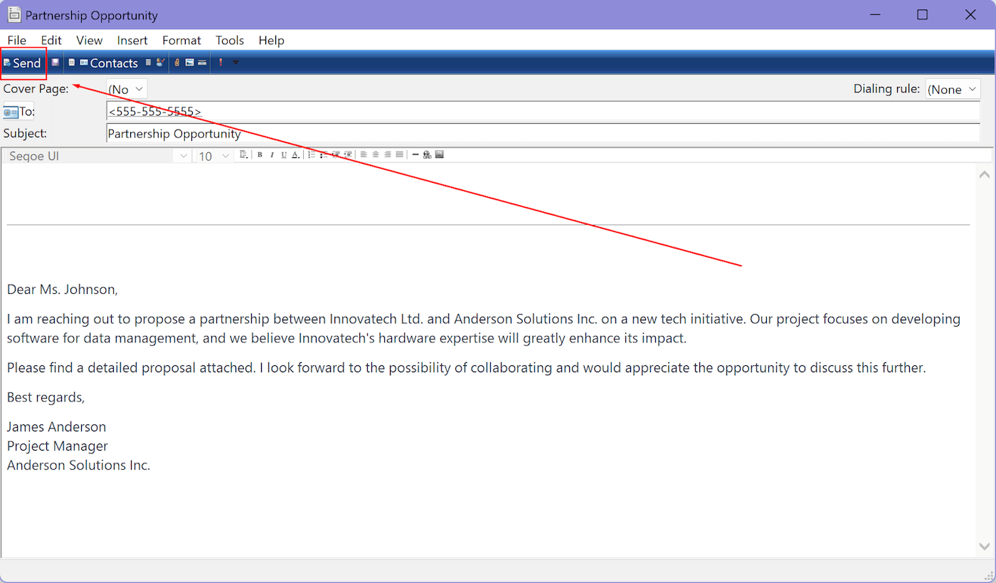 Windows Fax and Scan Interface with arrow pointing to the Send button in the upper left corner.