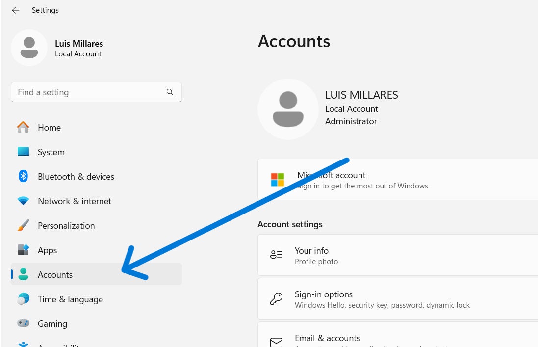 Accounts menu on Settings app sidebar.