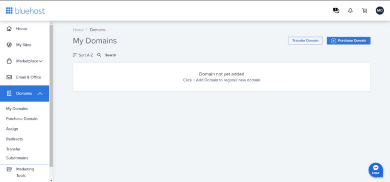 Bluehost domains tab.
