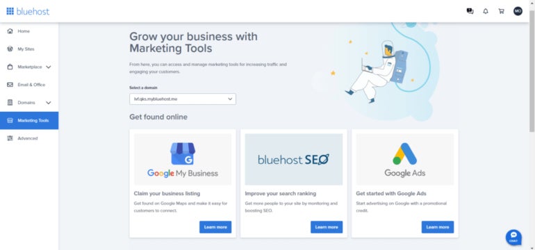 Bluehost marketing tools tab.