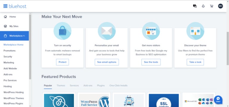 Bluehost marketplace tab.