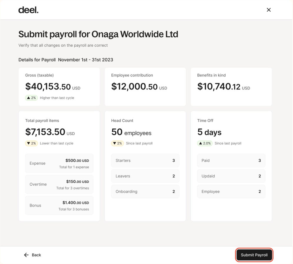 Deel payroll details review page.