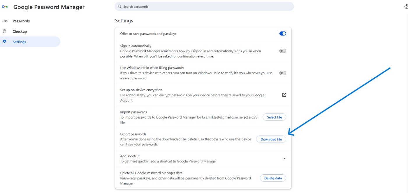 Exporting passwords saved in Chrome.