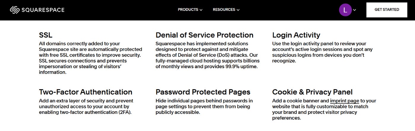 Squarespace secures websites with SSL encryption, DDoS protection, password-protected pages, and PCI compliance for safe transactions.