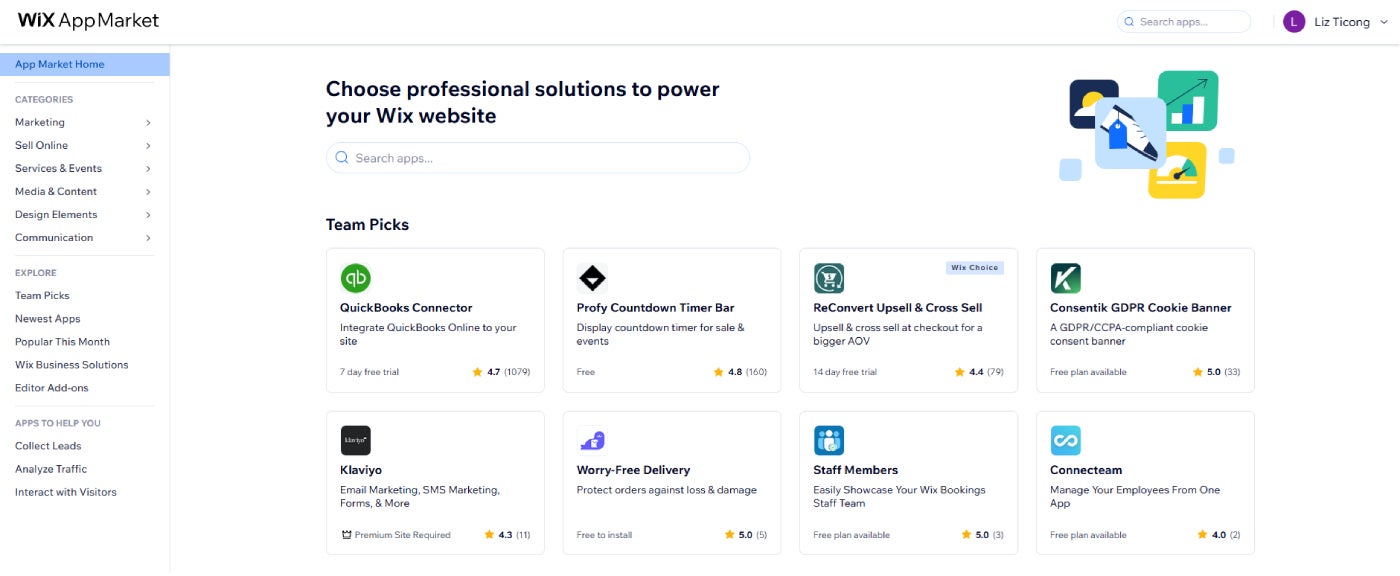 Wix features a vast app marketplace with integrations for marketing, e-commerce, bookings, and custom apps.