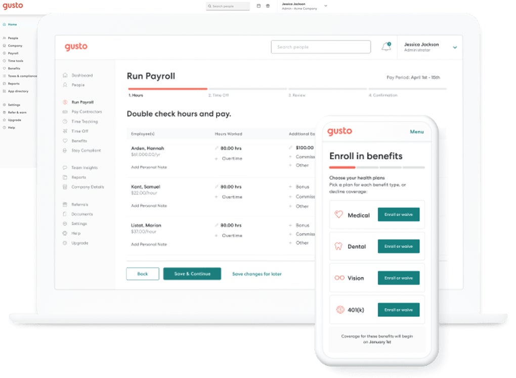 Gusto payroll and benefits tools.