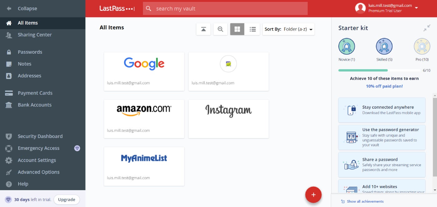 LastPass’ web vault UI.