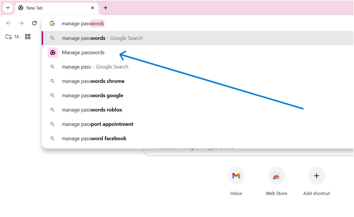 Navigating to the password manager using the address bar.