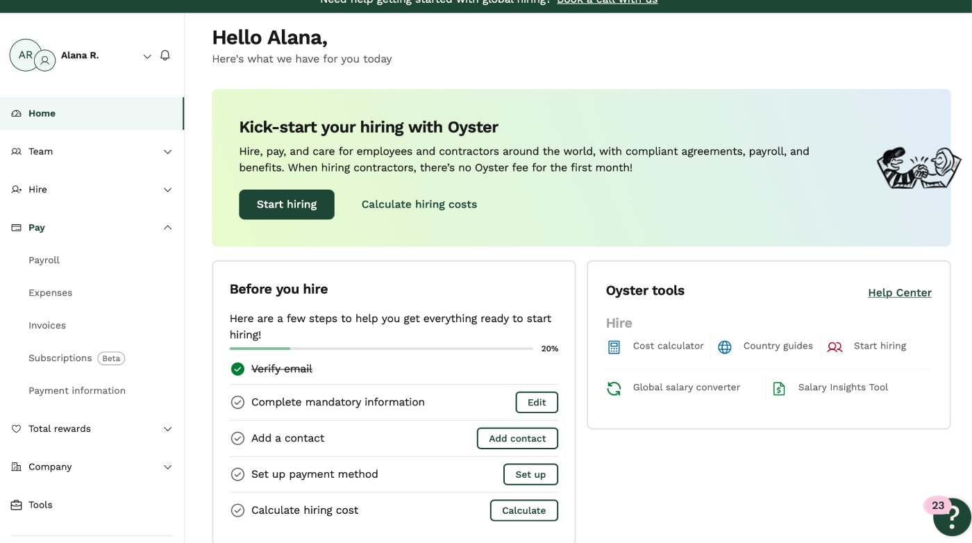 Oyster home dashboard.