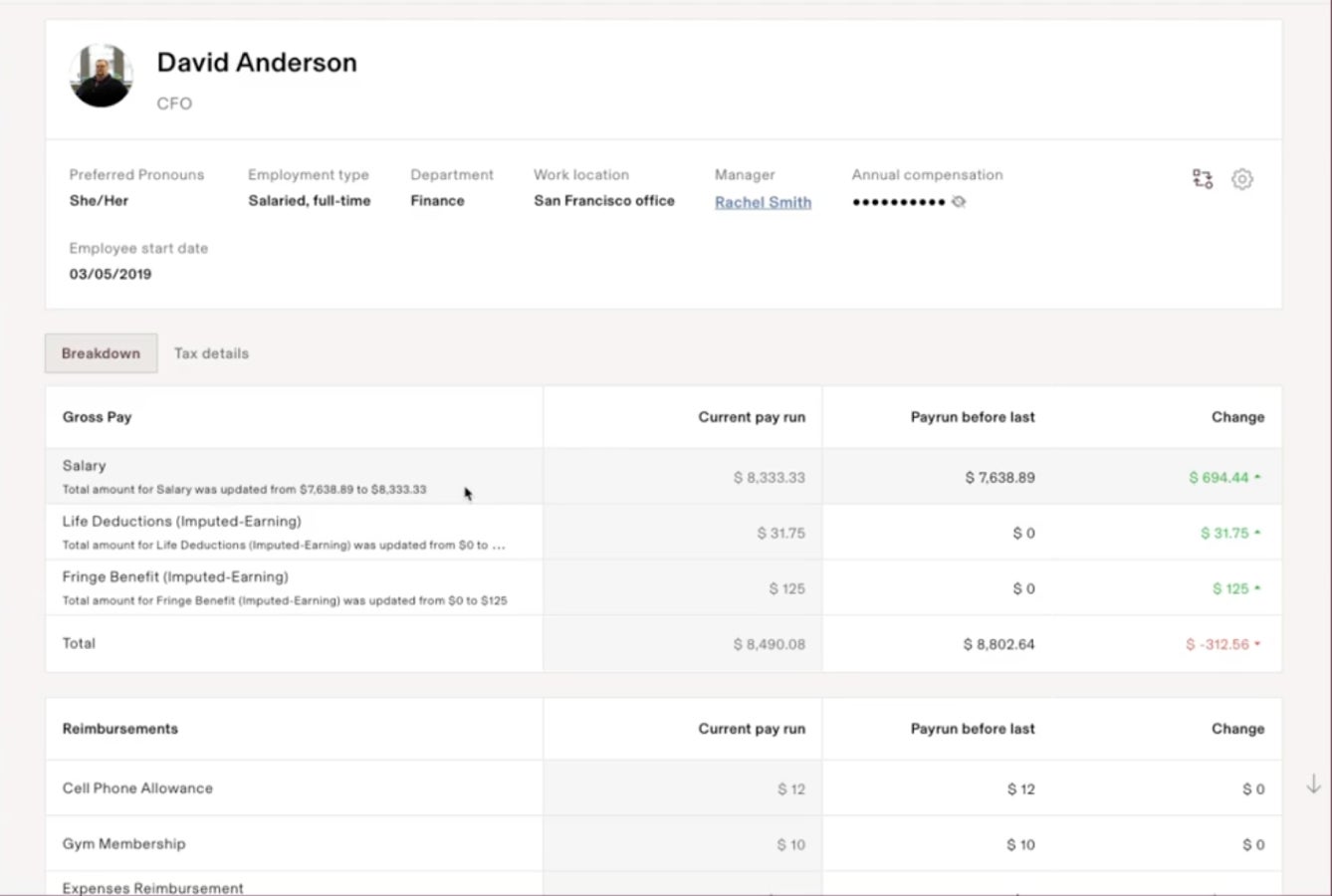 Rippling displays a detailed view of an employee named David Anderson's paycheck, including a list of numbers that break down their gross pay and reimbursements for the current pay run versus the previous pay run.