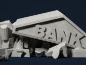Destroyed bank, economy collapse and crisis.