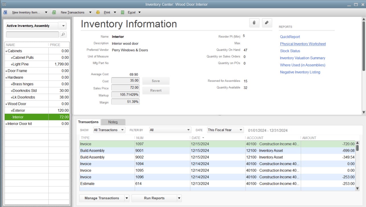 Screenshot from QuickBooks Enterprise showing cost, pricing, and transaction data for a particular inventory item.