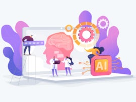 Flat vector illustration of brain with neural network on laptop and tiny scientists and people.