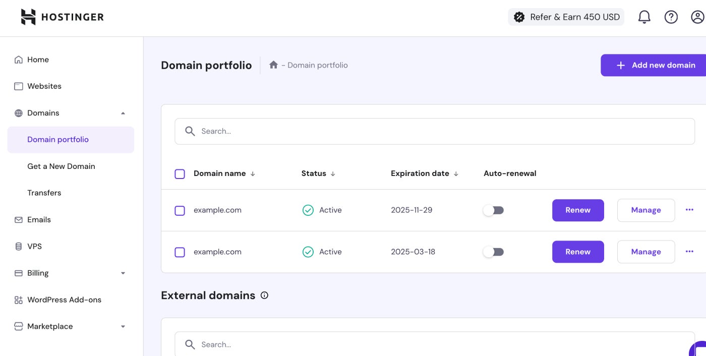 Hostinger hpanel domains tab.