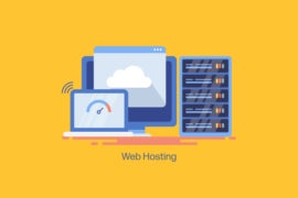 Web hosting graphic on yellow background.