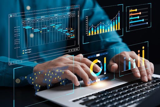 Data analyst working on business analytics dashboard with charts, metrics and KPI to analyze performance and create reports.