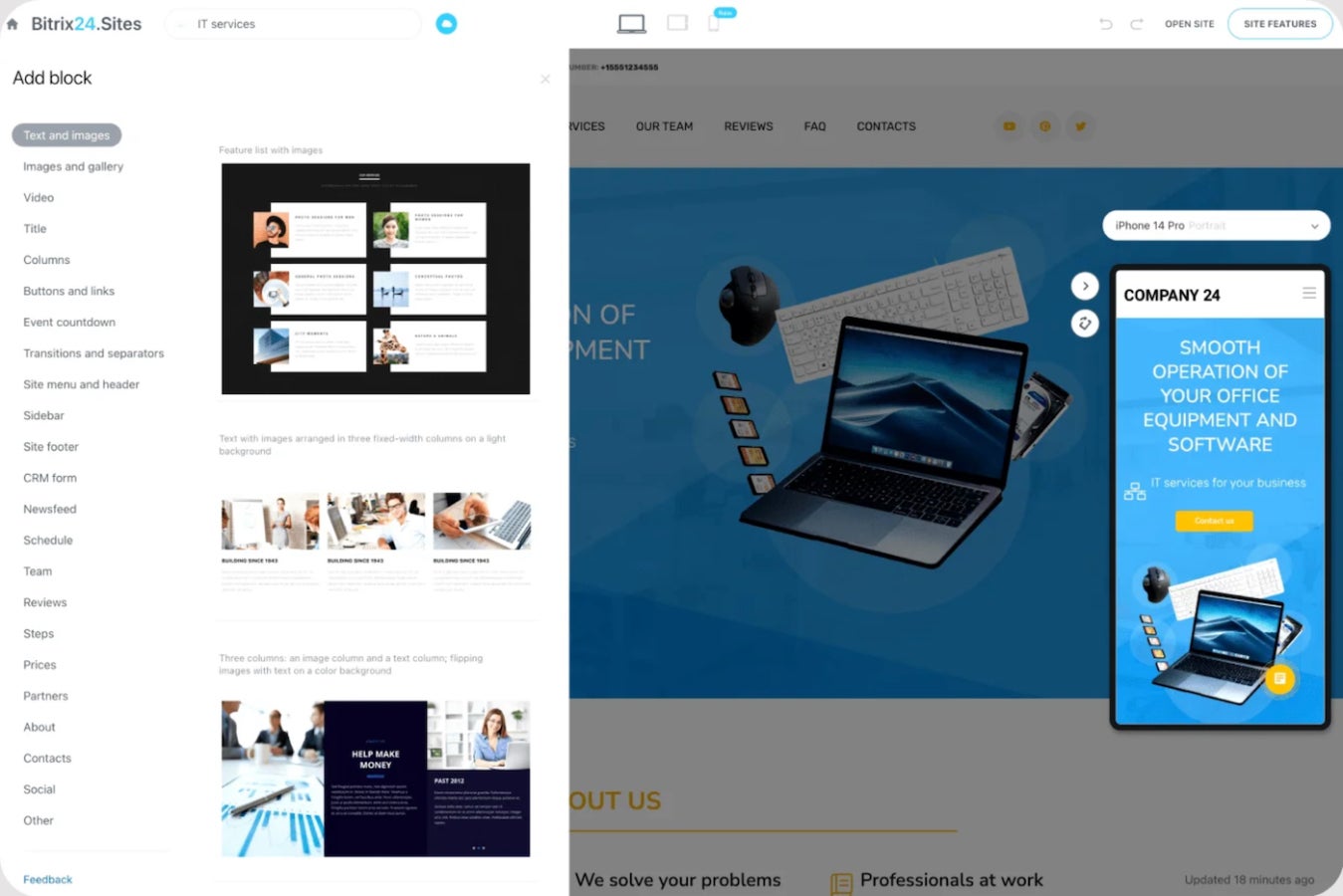 Bitrix24 ecommerce store builder tool with drag-and-drop block elements.