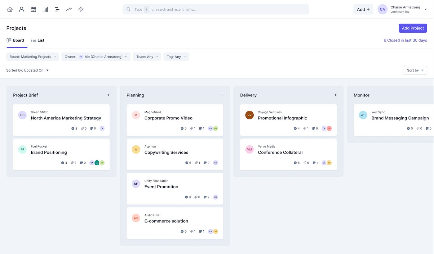 Capsule CRM's sample Kanban-style project management board.