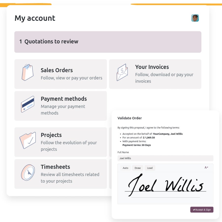 Odoo CRM's self-service customer portal with sample order validation request.