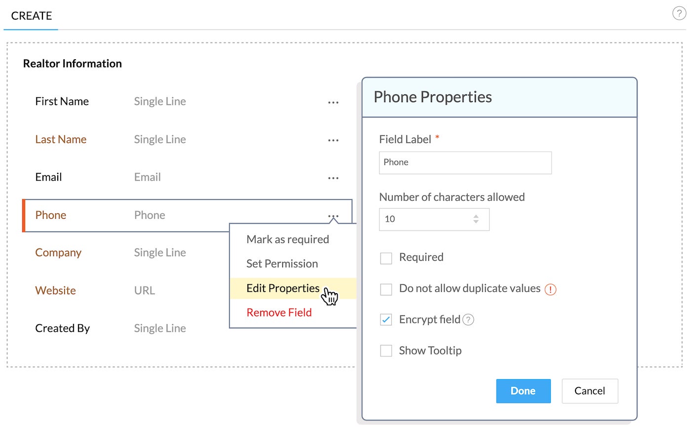 Zoho CRM's contact data encryption and decryption options.