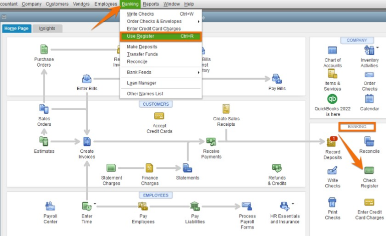 QuickBooks Desktop interface with the "Banking" menu open. The "Use Register" option is highlighted, and arrows point to the "Check Register" option in the Banking section of the main navigation panel.