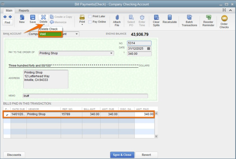 A QuickBooks Desktop bill payment screen where a user is selecting the "Void" option from the "Delete" dropdown menu to void a check. The transaction details for the payment to "Printing Shop" are displayed.