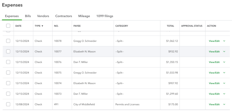 QuickBooks Online "Expenses" page displaying a list of transactions with columns for date, type, number, payee, category, total amount, approval status, and action options.