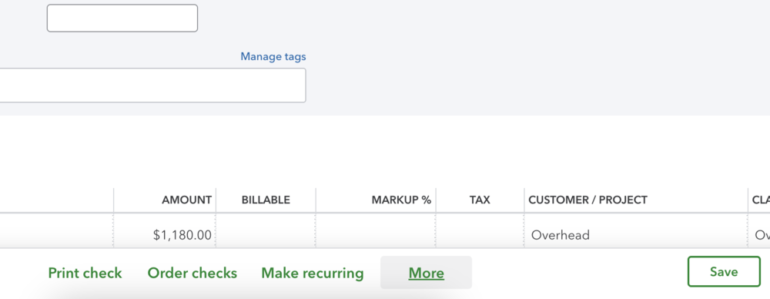 QuickBooks Online interface showing action buttons at the bottom. The "More" button is highlighted, indicating it will open a dropdown menu with additional options, such as voiding a check.