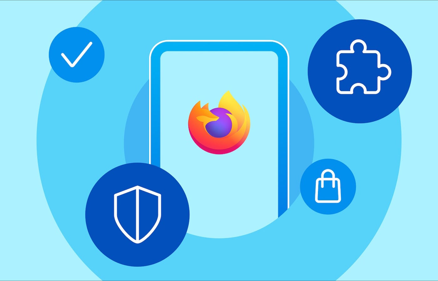 Flat vector illustration of smartphoen with the Firefox logo on the screen and surrounded by cybersecurity icons.