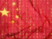 Binary values on a background of the flag of China.