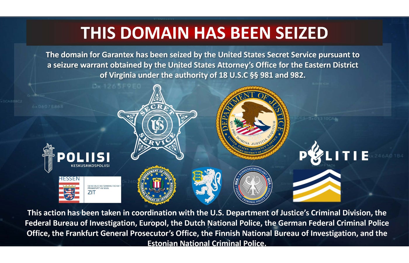 Garantex domain seizure notice by the United States Secret Service.