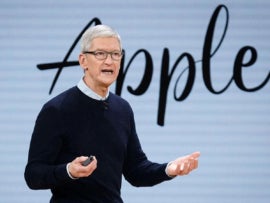 Tim Cook speaking at an Apple event.