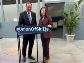 Roxana Mînzatu, Executive Vice-President for Social Rights and Skills, Quality Jobs and Preparedness and Cisco Chair and CEO Chuck Robbins.