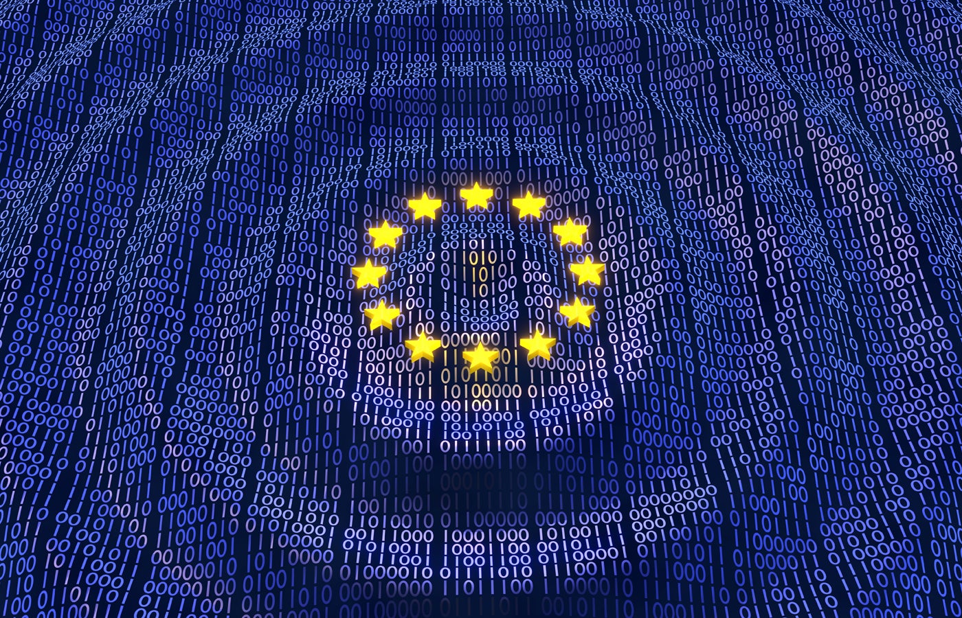 European Union Data Protection bits and bytes in ripple waving pattern with glowing EU stars.