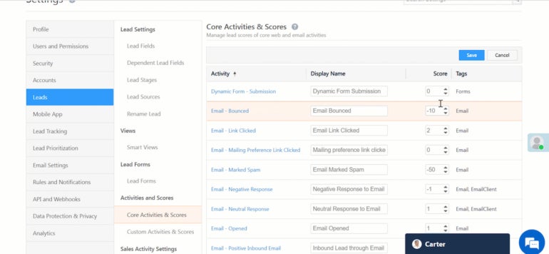 LeadSquared’s example of lead engagement scoring.