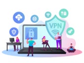 Tiny characters around of huge laptop with lock symbol on screen that says VPN.