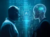 A human facing a cyborg robot with a graphic illustration of AI between them