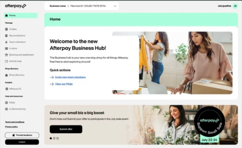Afterpay merchant dashboard.