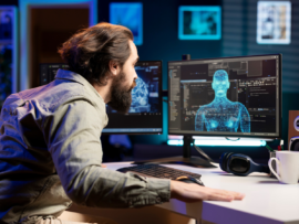 elf aware AI gaining anthropomorphic form inside cyberspace, shocking man