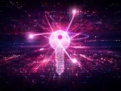 Virtual key with quantum particles orbiting on a technology background.