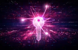Virtual key with quantum particles orbiting on a technology background.