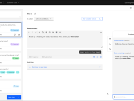 IBM Watson Assistant dashboard showing conversation flow setup for booking a medical meeting.