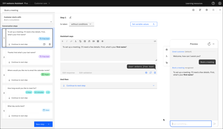 IBM Watson Assistant dashboard showing conversation flow setup for booking a medical meeting.