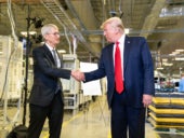 President Trump shakes Tim Cook's hand as he tours the Apple Manufacturing Plant.