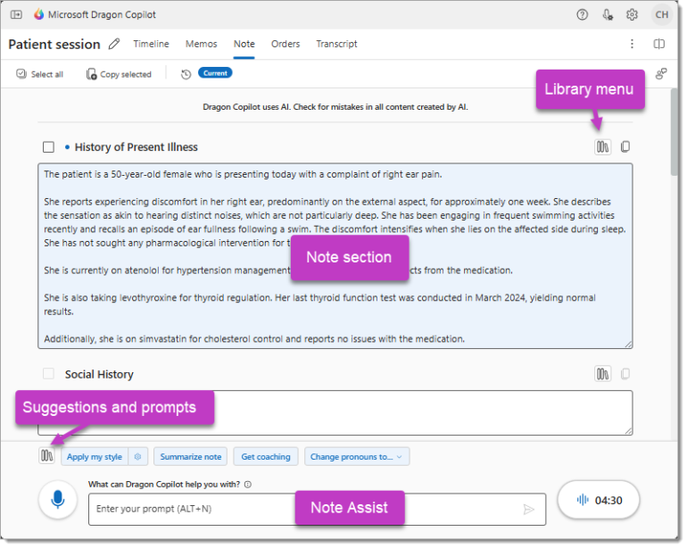 Dragon Copilot AI interface with note-taking, suggestions, and medical documentation tools.