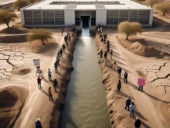 AI generated image of a data center draining water from community in a desert.