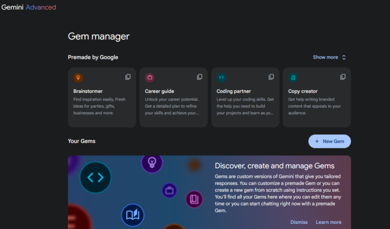 Gemini Advanced Gem Manager with examples of premade Gems for specific industries.