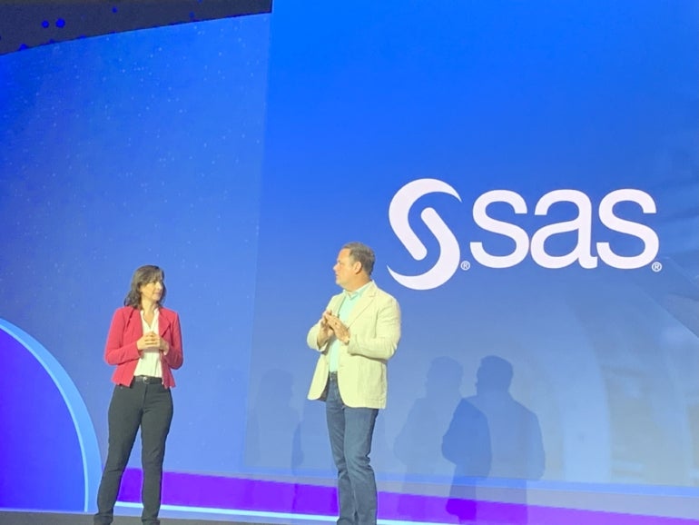 Krista Comstock, director of digital innovation at Proctor & Gamble, on the left and Bryan Harris, chief technology officer at SAS, onstage at SAS Innovate in May 2025 in Orlando, Florida.