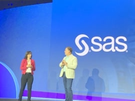 Krista Comstock, director of digital innovation at Proctor & Gamble, on the left and Bryan Harris, chief technology officer at SAS, onstage at SAS Innovate in May 2025 in Orlando, Florida.